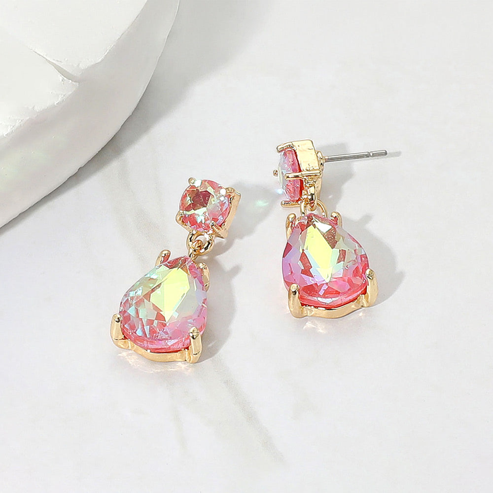 Coral AB Small Teardrop and circle drop crystal dangle earrings for little girls 0.4" x 1"