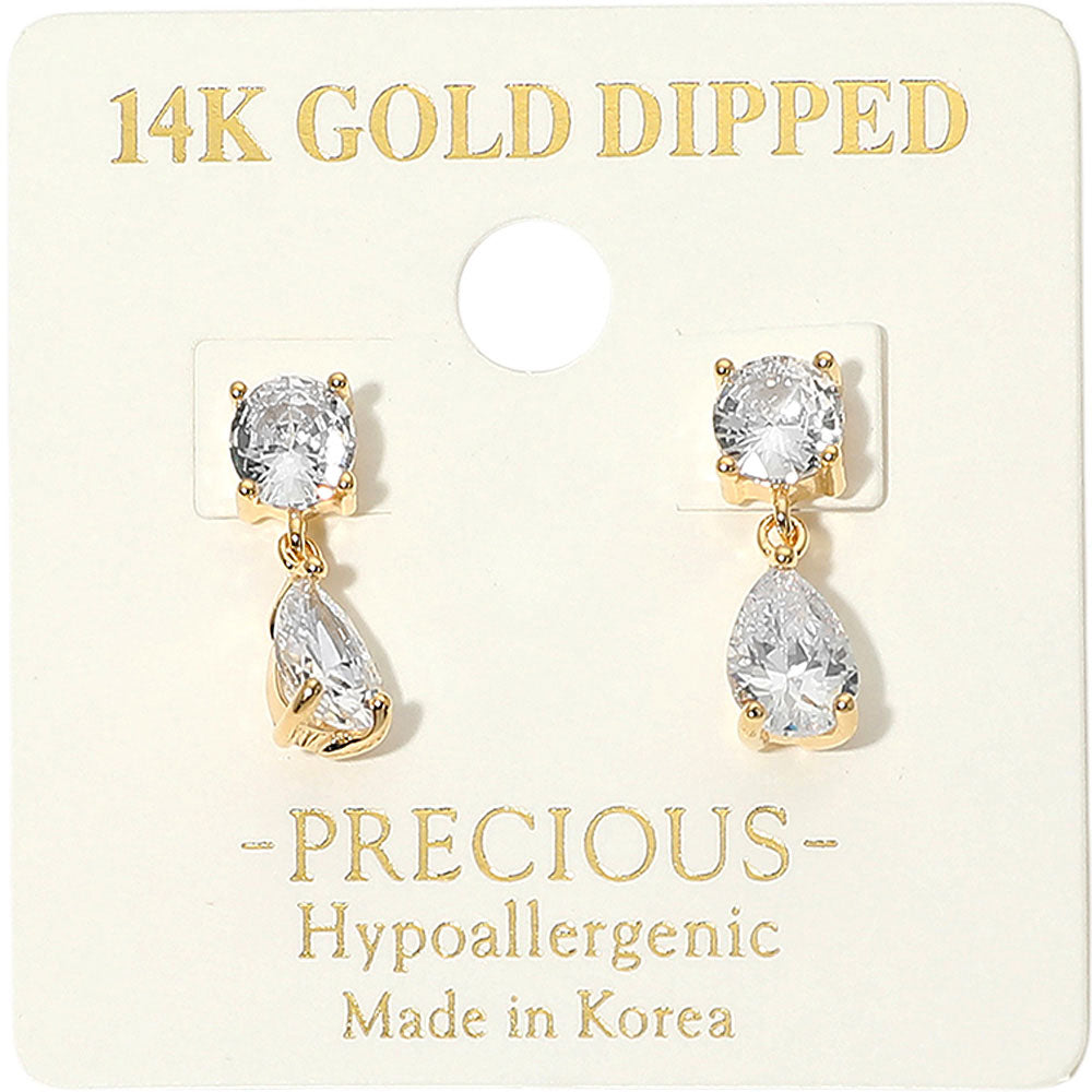 Little girls clear crystal teardrop drop earrings in a gold finish with square crystal studs and small teardrop dangles, displayed on a white jewelry card with gold lettering.