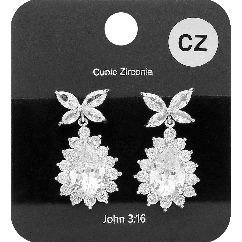 Clear crystal little girls drop earrings on silver featuring marquise crystal accents above an oval crystal cluster drop, displayed on a black jewelry card.