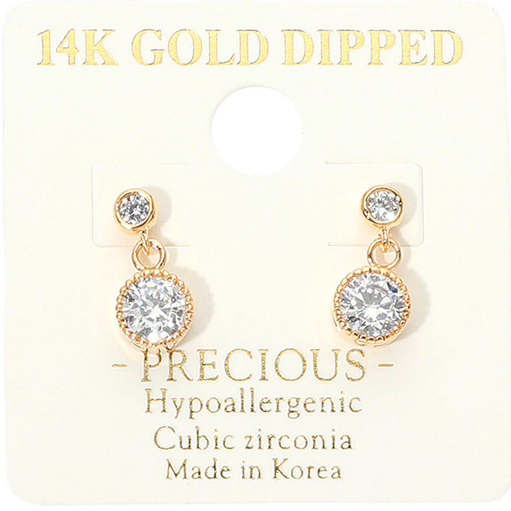 Little Girls clear crystal double round drop earrings on gold featuring two petite round crystals in a classic drop design, displayed on a white jewelry card.
