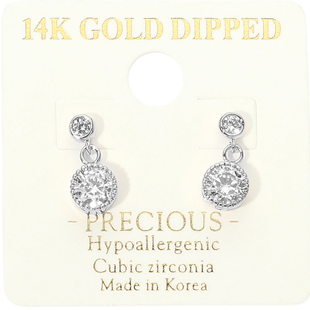 Little Girls clear crystal double round drop earrings on silver featuring two petite round crystals in a classic drop design, displayed on a white jewelry card.
