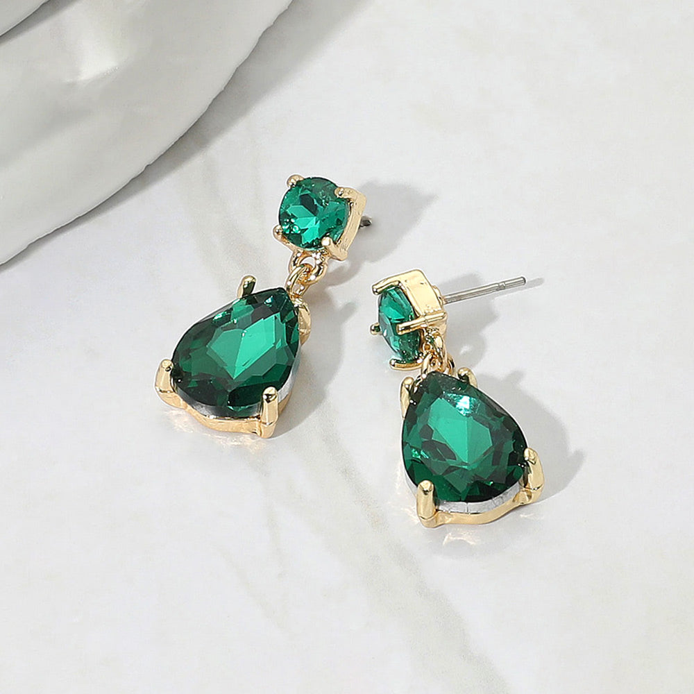 Emerald Small Teardrop and circle drop crystal dangle earrings for little girls 0.4" x 1"