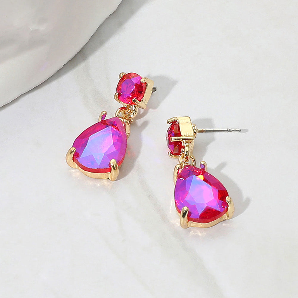 Fuchsia AB Small Teardrop and circle drop crystal dangle earrings for little girls 0.4" x 1"