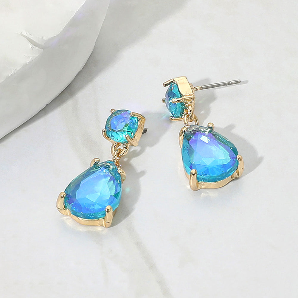 Light Blue AB Small Teardrop and circle drop crystal dangle earrings for little girls 0.4" x 1"