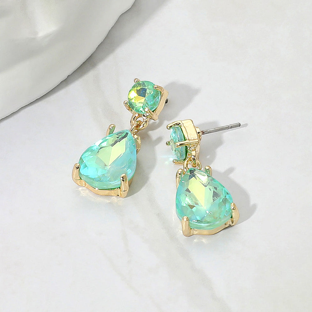 Mint AB Small Teardrop and circle drop crystal dangle earrings for little girls 0.4" x 1"
