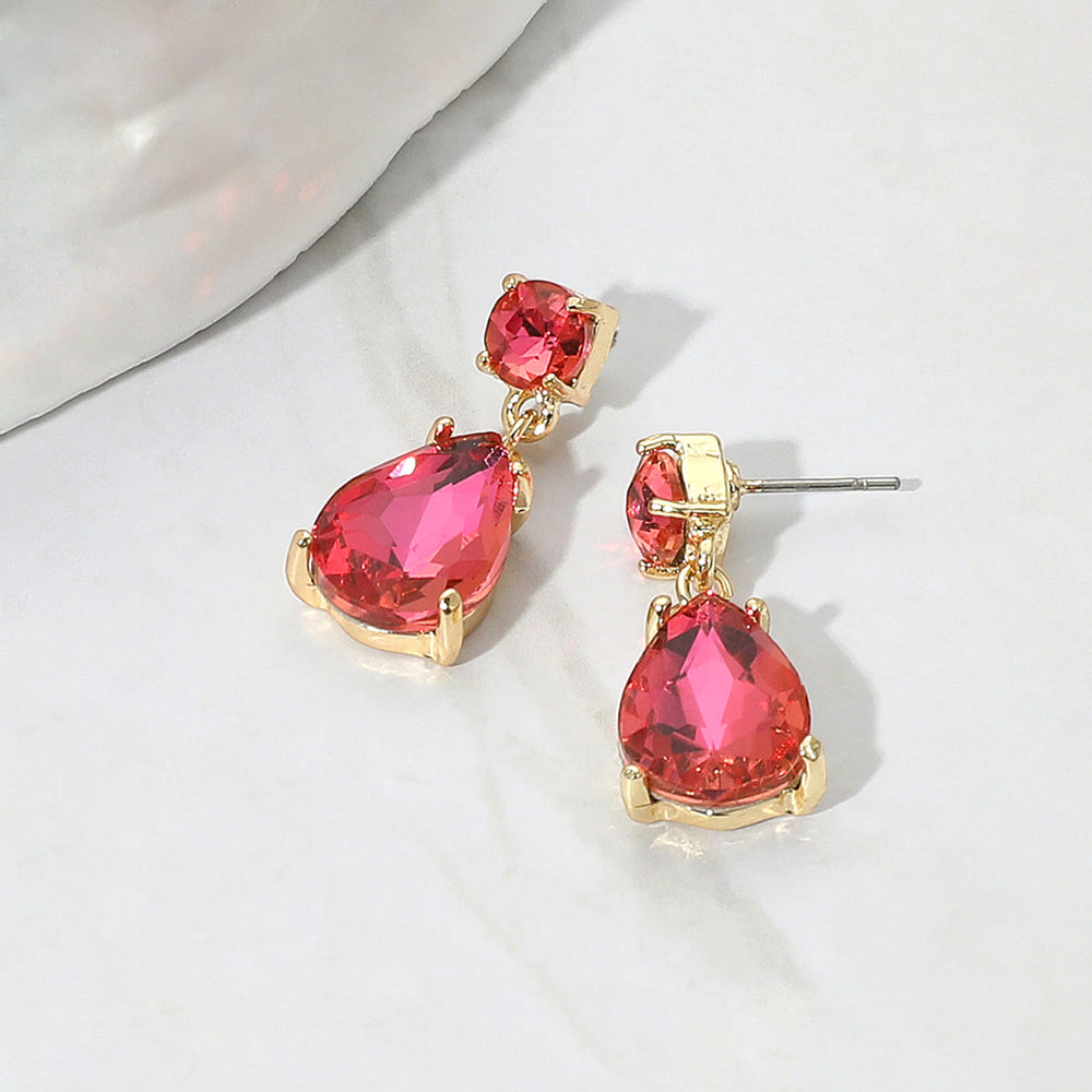 Pink AB Small Teardrop and circle drop crystal dangle earrings for little girls 0.4" x 1"