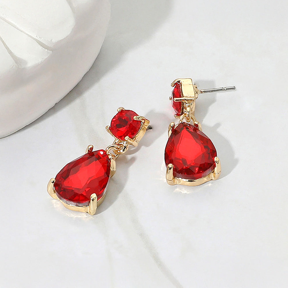 Red Small Teardrop and circle drop crystal dangle earrings for little girls 0.4" x 1"