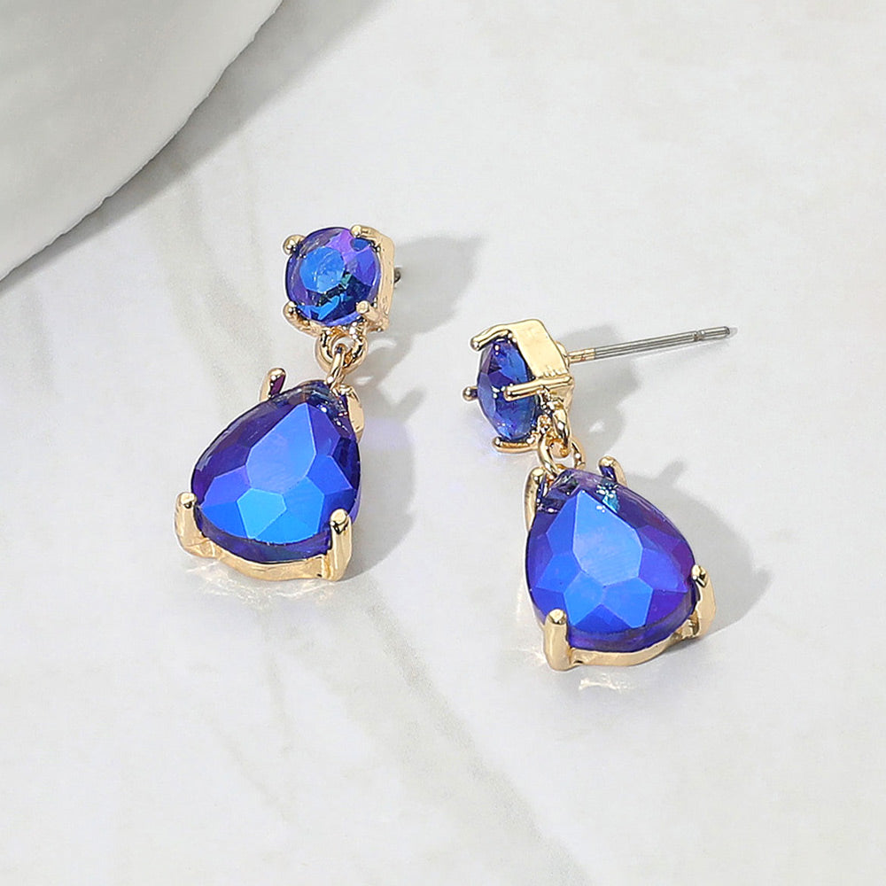 Royal Blue AB Small Teardrop and circle drop crystal dangle earrings for little girls 0.4" x 1"