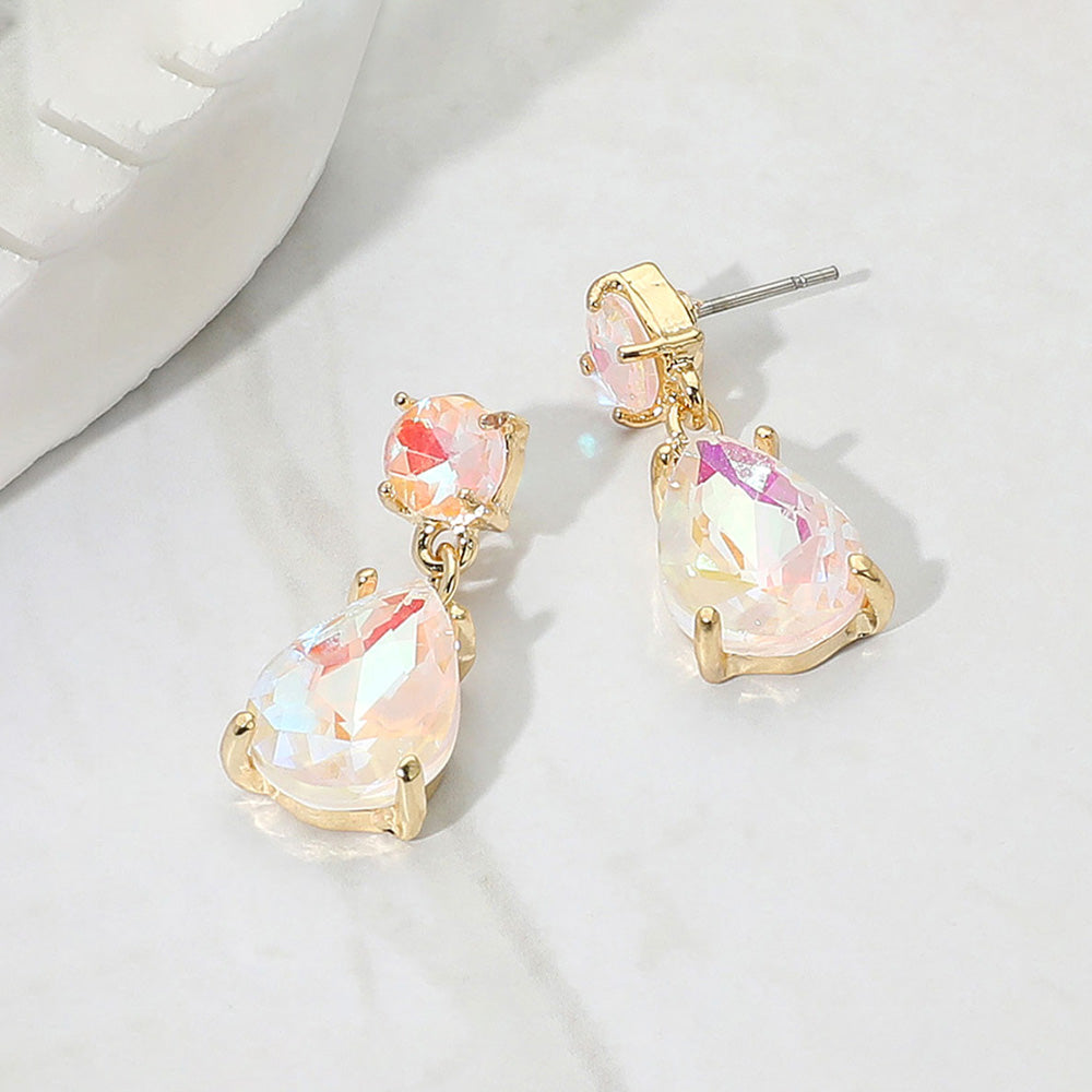 White AB Small Teardrop and circle drop crystal dangle earrings for little girls 0.4" x 1"