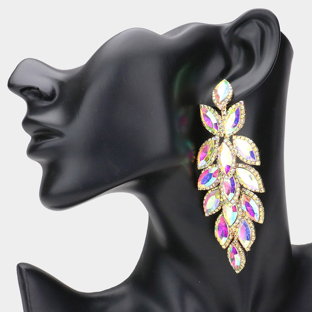 Long Aurora Borealis (AB) crystal marquise leaf earrings on gold shown on a mannequin's ear