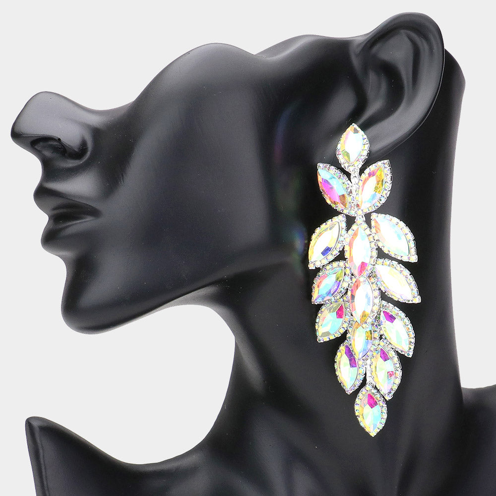 Long Aurora Borealis (AB) crystal marquise leaf earrings on silver shown on a mannequin's ear