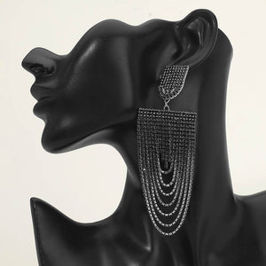 Long Draped Jet Black Rhinestone Pageant Earrings on Black