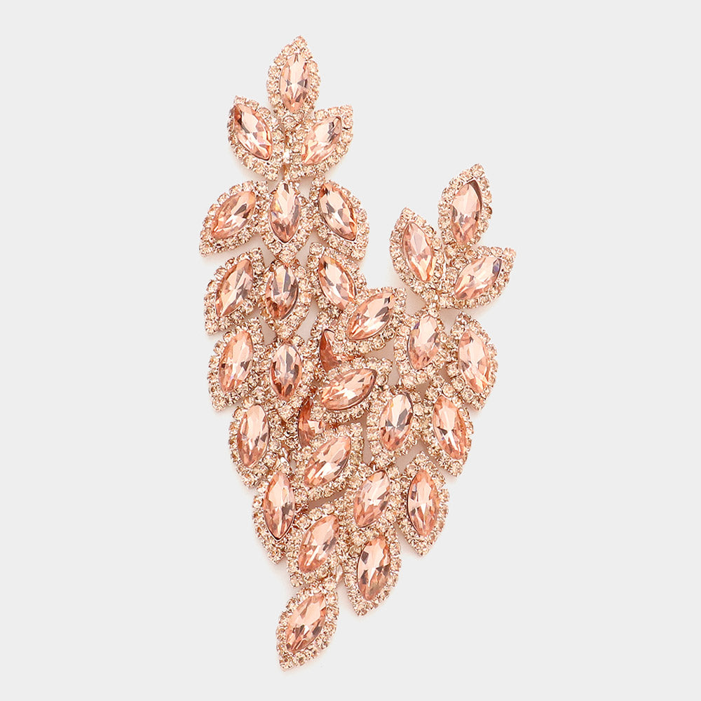 Long Peach Crystal Marquise Leaf Earrings  on rose gold on a white background