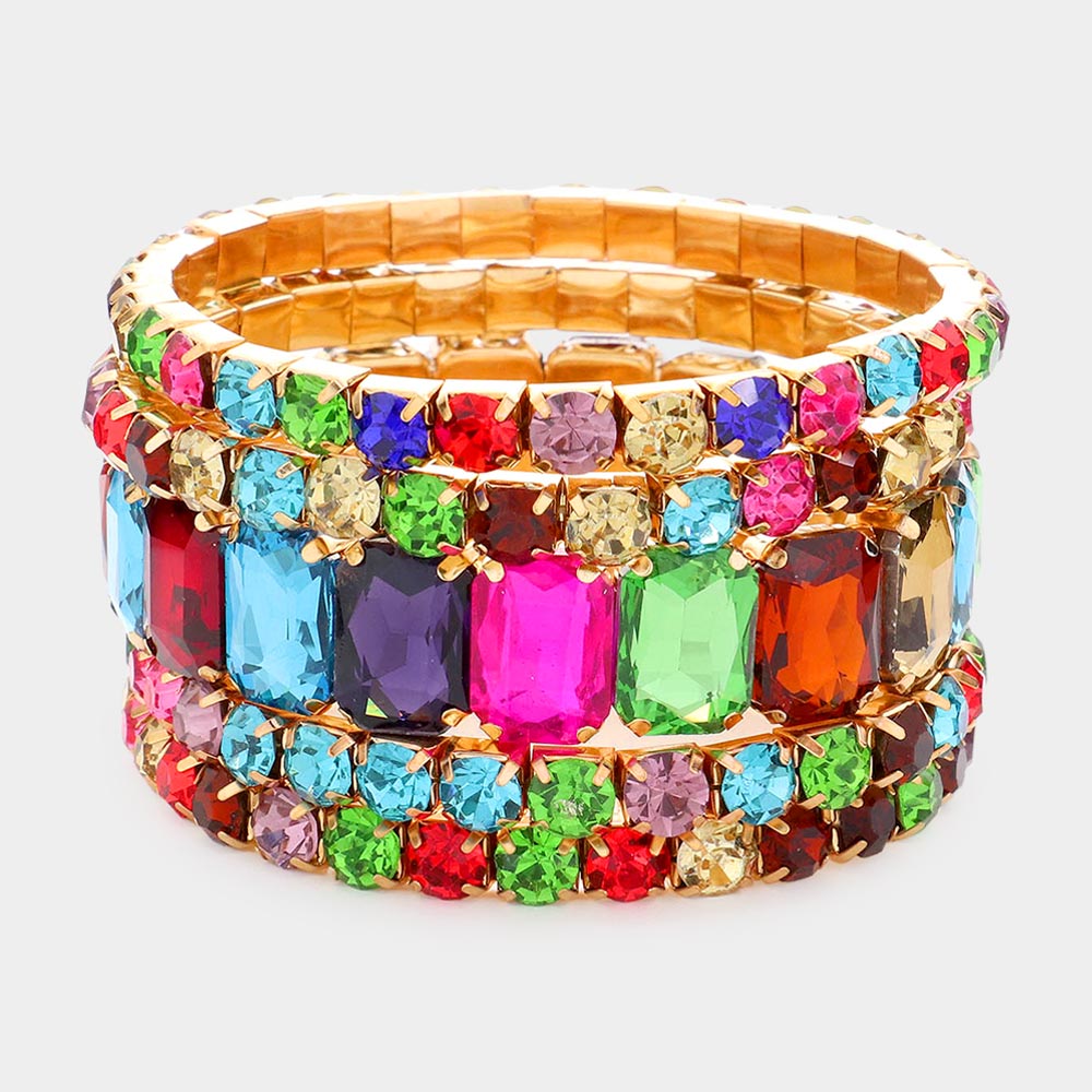 5 Pieces - Multi-Color Stone Stretch Multi Layered Pageant Bracelets | Prom Jewelry