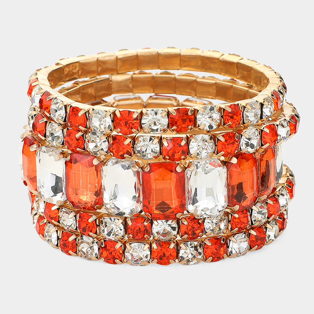 5 Pieces - Orange and Clear Stone Stretch Multi Layered Pageant Bracelets | Prom Jewelry