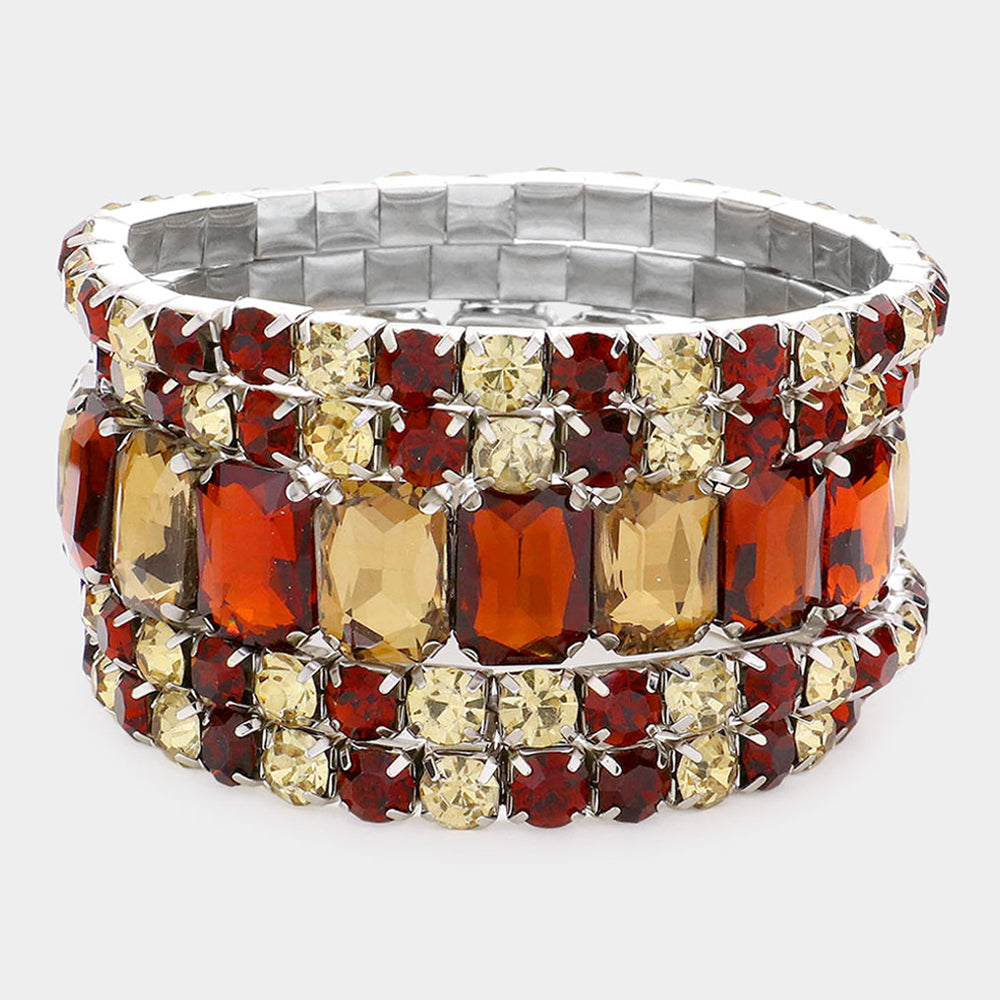 5 Pieces - Brown & Gold Stone Stretch Multi Layered Pageant Bracelets | Prom Jewelry