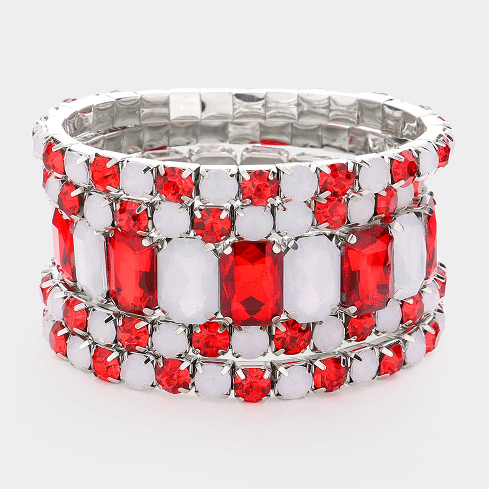 5 Pieces - Red & White Stone Stretch Multi Layered Pageant Bracelets | Prom Jewelry