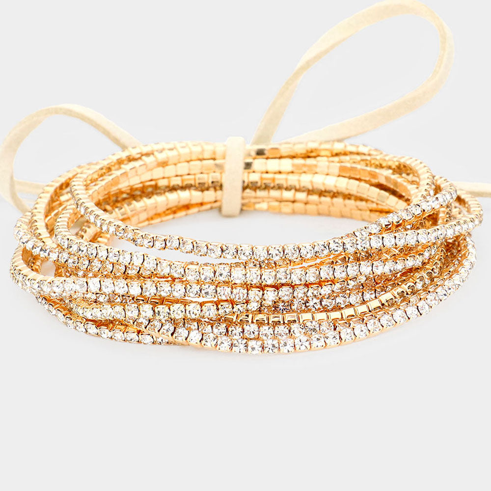 12 Clear Rhinestone Layered Stretch Pageant Bracelets on Gold  | Fun Fashion Bracelets