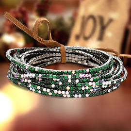 12 Emerald Rhinestone Layered Stretch Pageant Bracelets on Silver | Fun Fashion Bracelets