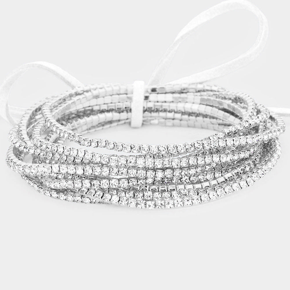 12 Clear Rhinestone Layered Stretch Pageant Bracelets Silver  | Fun Fashion Bracelets