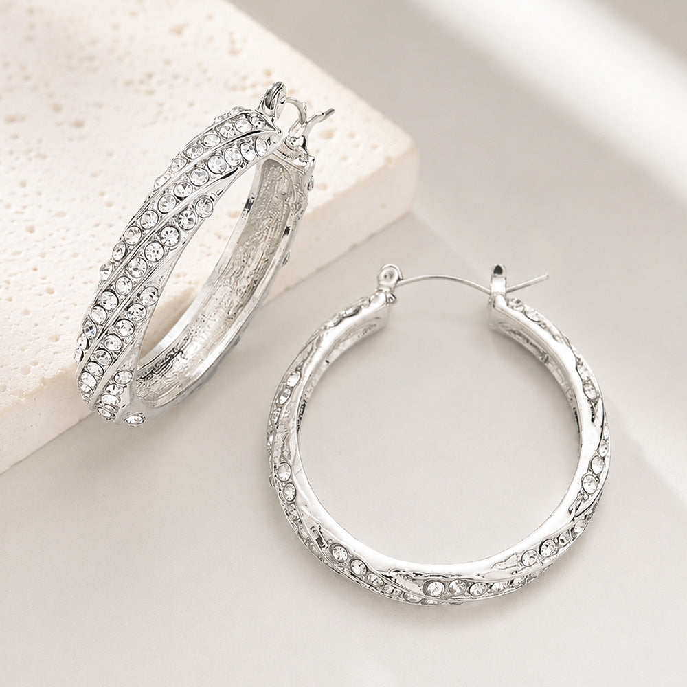 Lined CZ Rhinestone Hoop Pageant Earrings on Silver | 1.5 | Interview Earrings |  602071