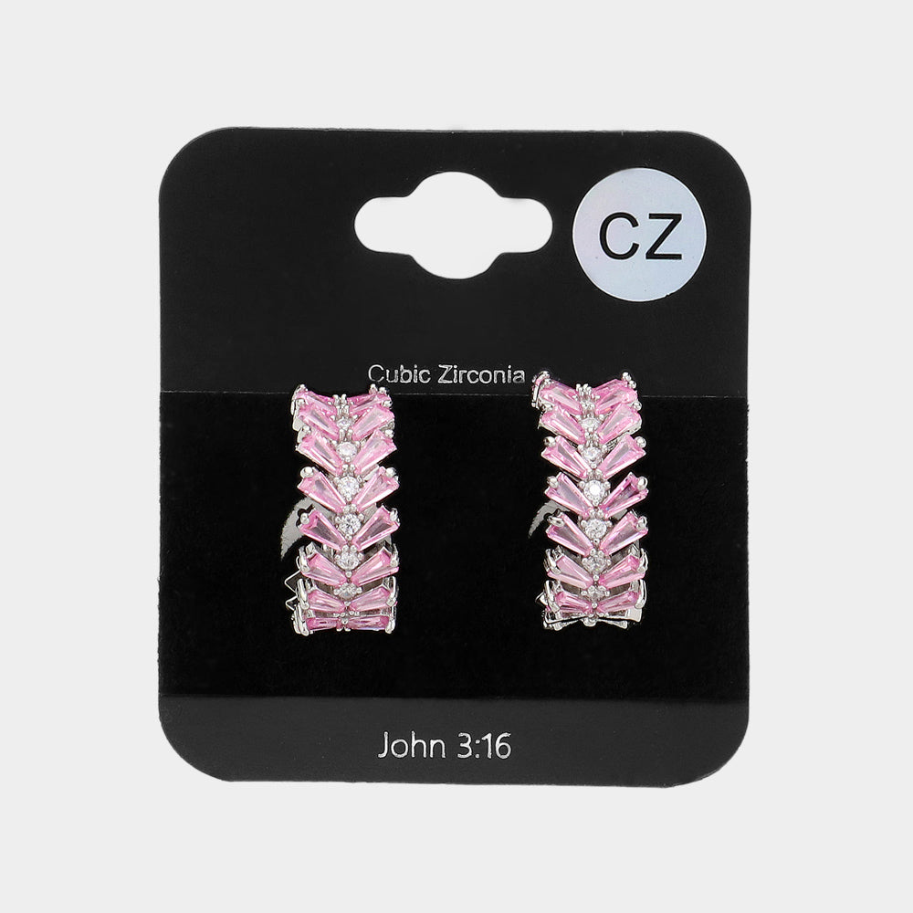 Pink CZ Stone Cluster Hoop Pageant Earrings | 0.6" | Interview Earrings