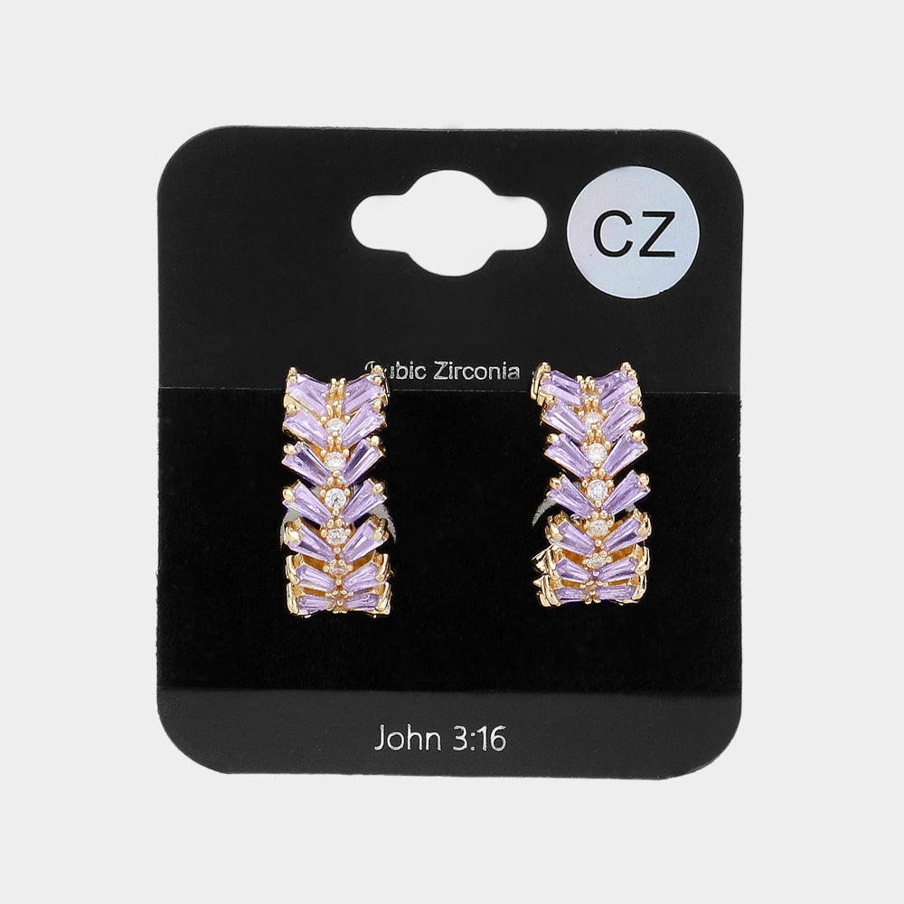 Violet CZ Stone Cluster Hoop Pageant Earrings | 0.6" | Interview Earrings