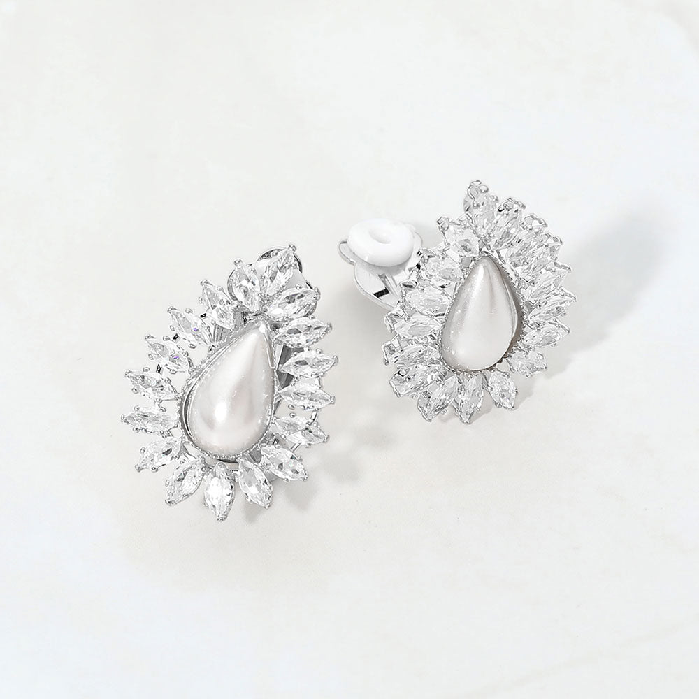 Marquise CZ teardrop white pearl bridal formal clip-on earrings on silver on white background