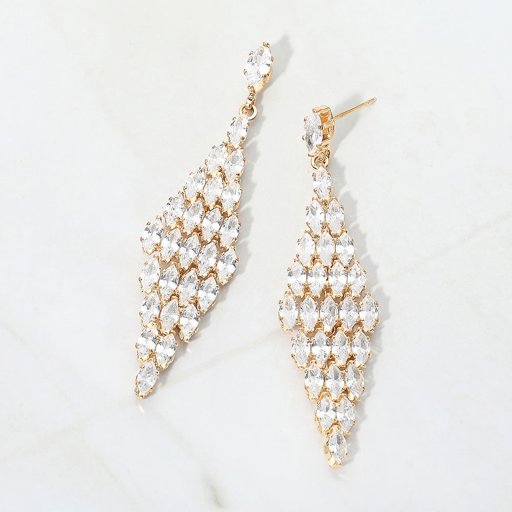 Marquise crystal chandelier formal evening drop earrings on gold on white background
