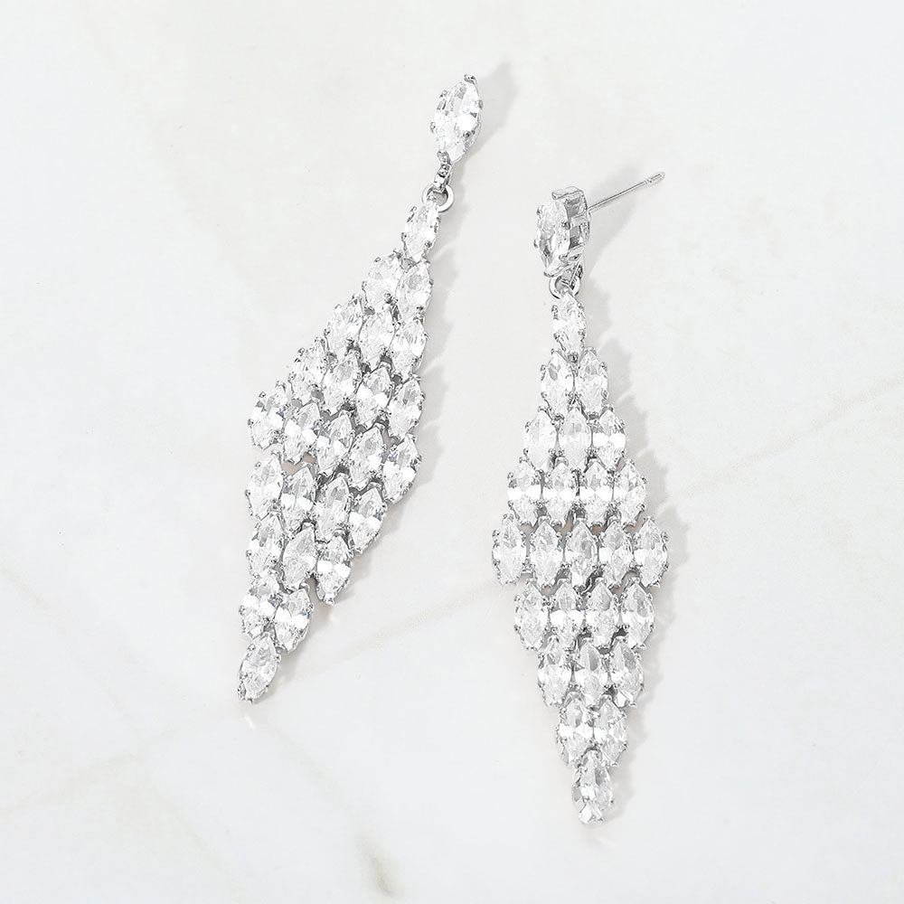 Marquise crystal chandelier formal evening drop earrings on silver on white background