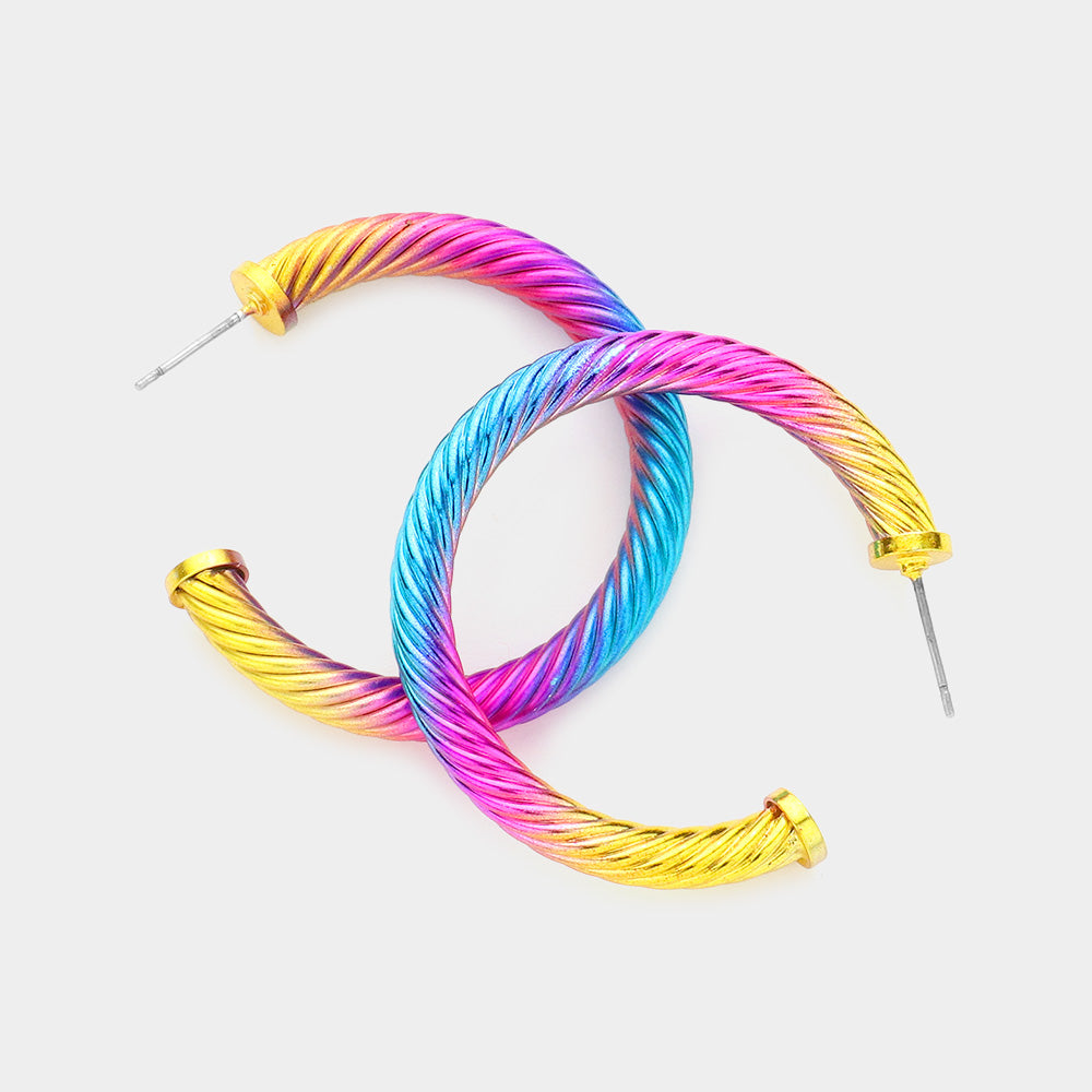 Multi-color twisted rope texture hoop earrings 1.5 inch shown on a white background