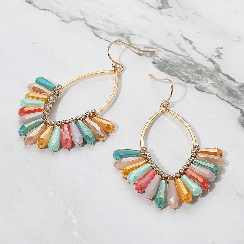Multi-Color Faceted Beaded Open Marquise Fan Dangle Earrings