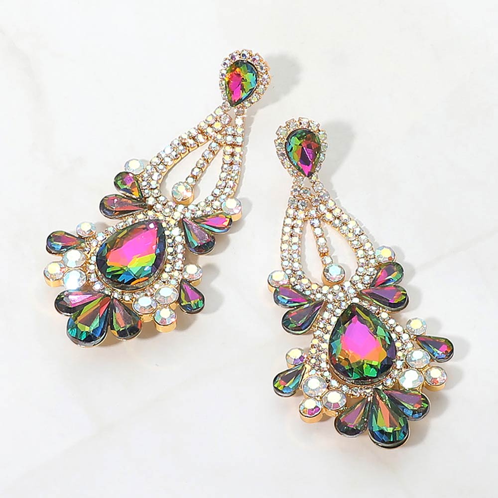 Multi-color chandelier statement teardrop stone cluster evening earrings on gold on white background
