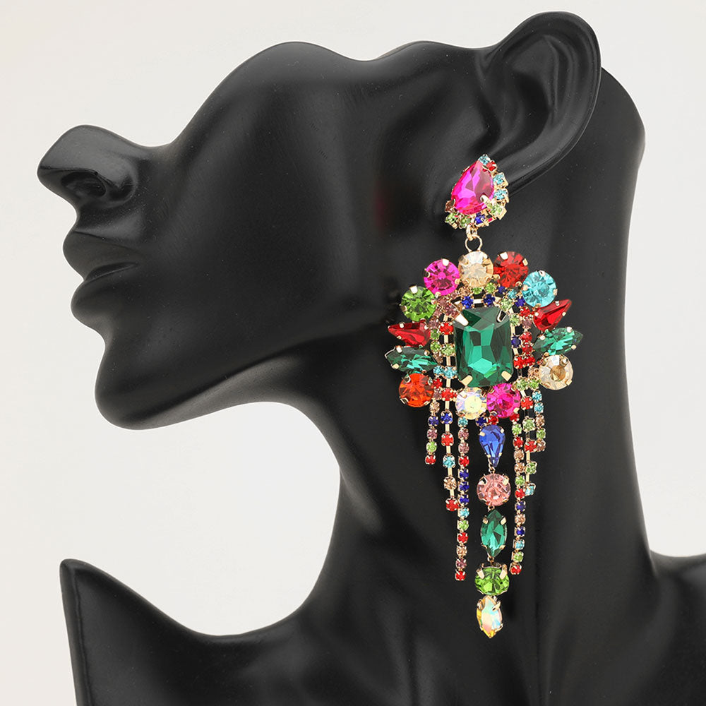 Long 4.6" multi color chandelier fringe earrings on a black mannequin ear — dramatic crystal statement jewelry for pageant, prom, weddings, and evening events.