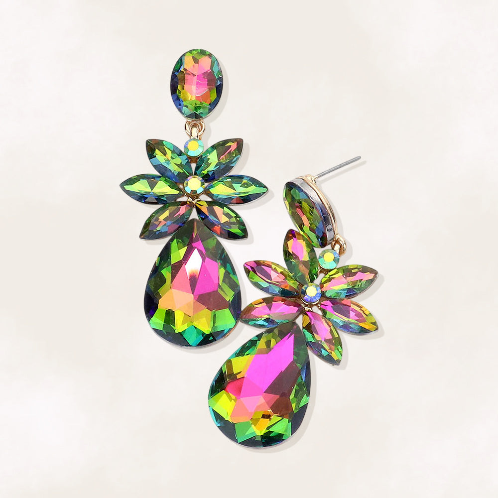 Multi-color crystal flower teardrop earrings on gold displayed on white background