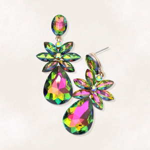 Multi-color crystal flower teardrop earrings on gold displayed on white background