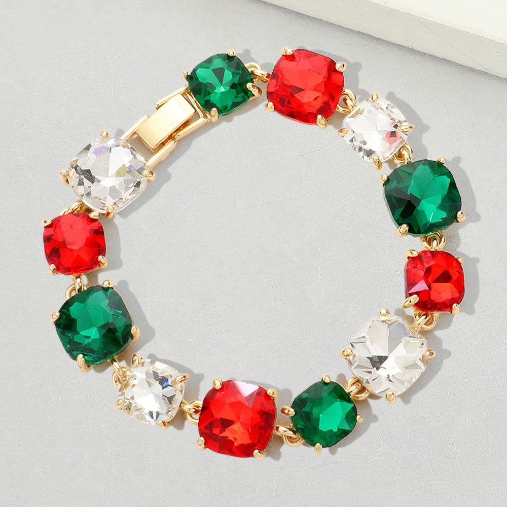 Multi-Color Cushion Square Stone Link Evening on Gold-Pageant-Prom-Special Occasion