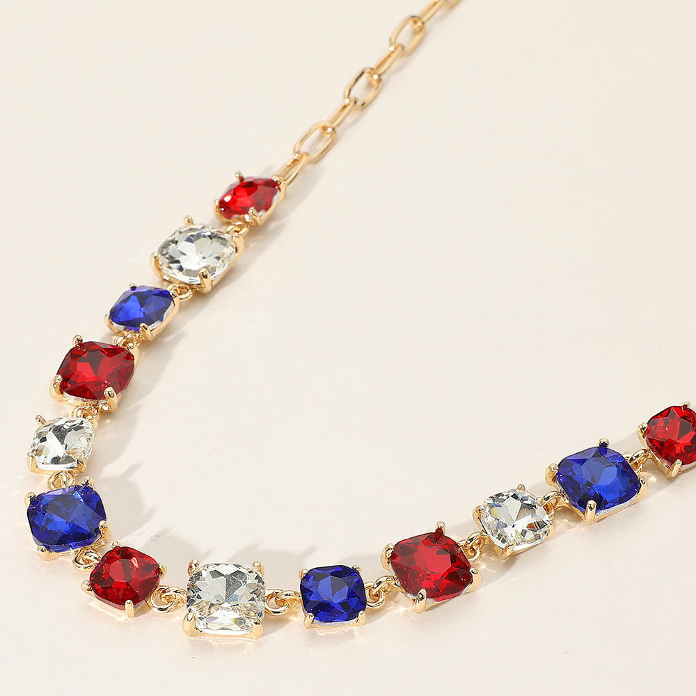 Multi-Color Cushion Square Stone Link Pageant Necklace on Gold | Prom Necklace |  665364