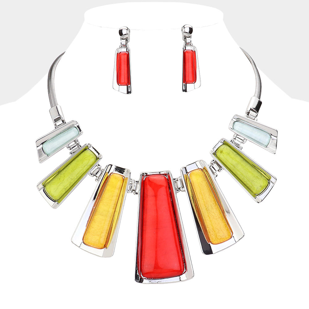 Multi-Color Enamel Bar Metal statement necklace with matching earrings on a white mannequin bust