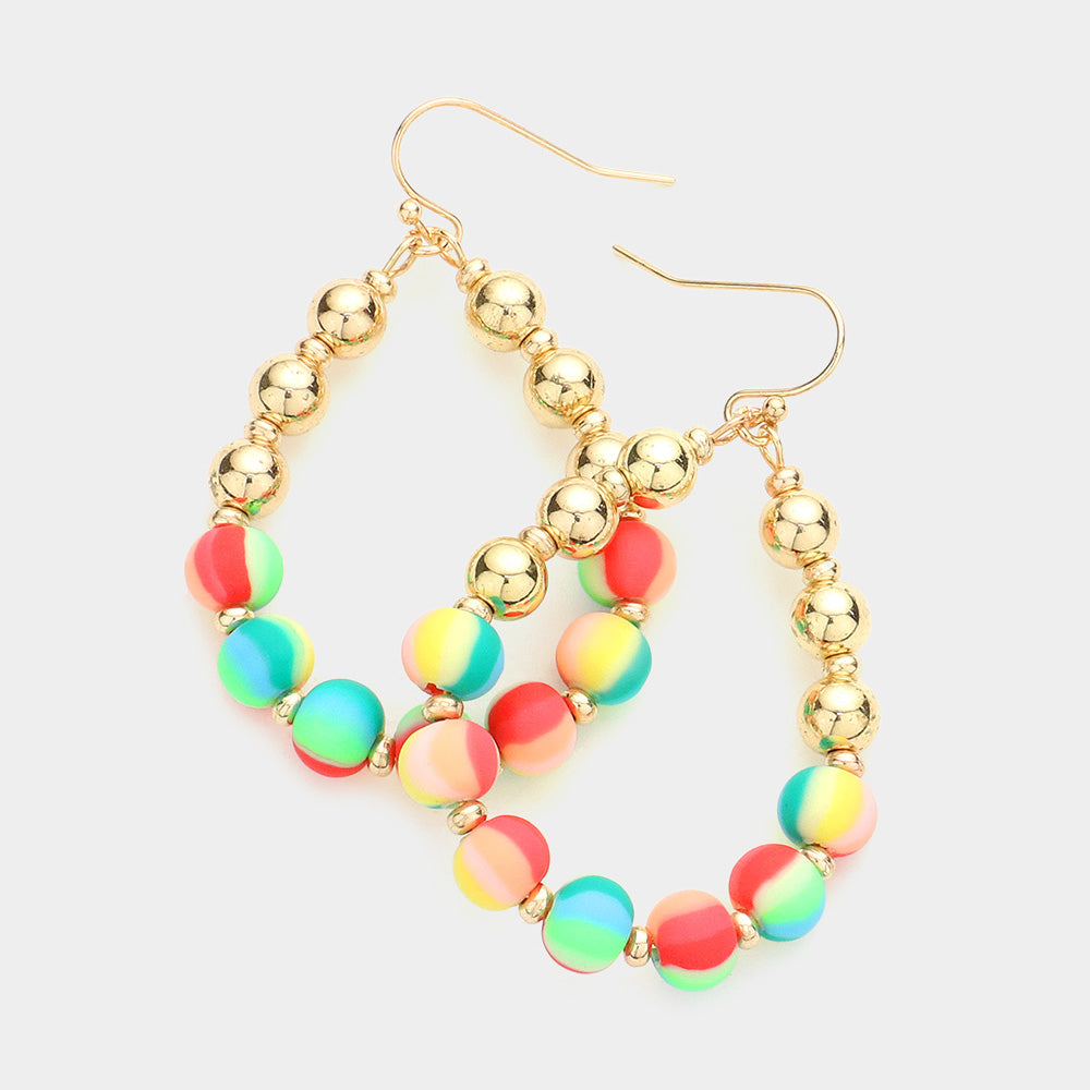 Multi-color and gold ball teardrop statement earrings for pageants, runway, and fun fashion style on a white background