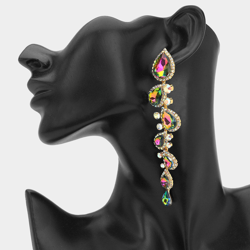 Multi color long teardrop pageant earrings on gold backing with 4.3 inch drop shown on a black mannequin ear