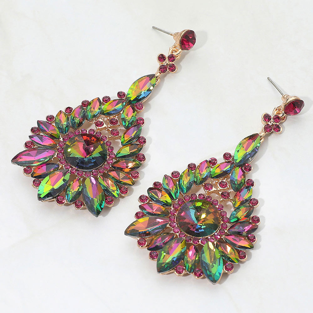 Multi-color marquise and round teardrop statement earrings for prom or pageant events on a white background