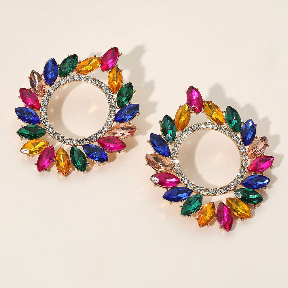 Multi-color marquise stone cluster open circle prom and formal earrings on gold on light background