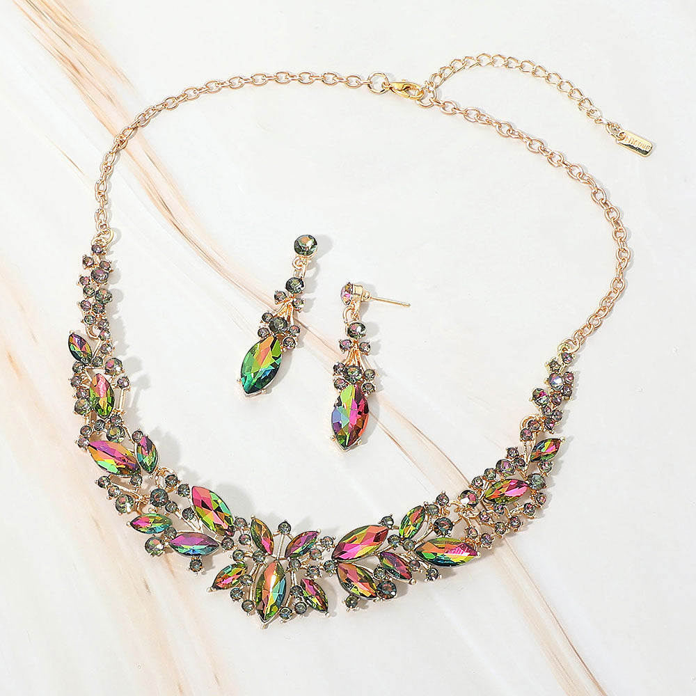 Multi-color marquise stone cluster prom and evening necklace set on gold on white marble background