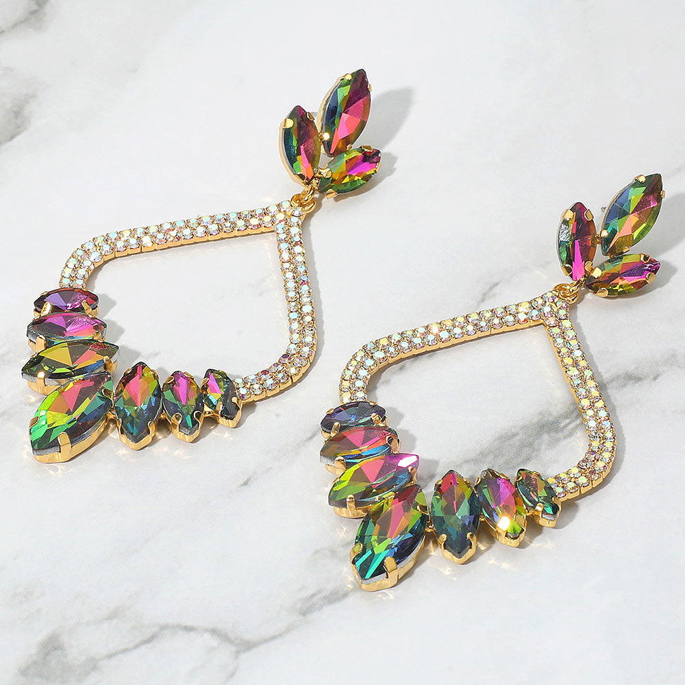 Multi-Color Marquise and Rhinestone Embellished Open Chandelier Pagant Earrings on Gold | Dangle Earrings |  673130