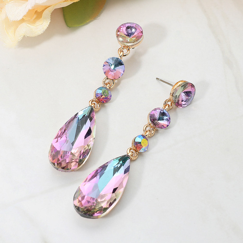 Multi-color rhinestone dangle earrings with teardrop crystal for prom or pageant on a white background