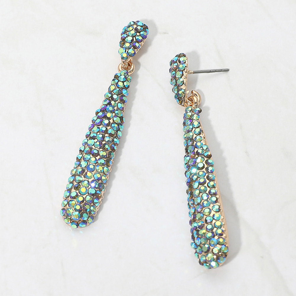 Teal and gold teardrop earrings on a white background
