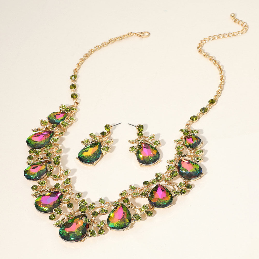 Multi-Color Teardrop Rhinestone Floral Necklace Set on Gold– Crystal Prom Evening Jewelry |  658285