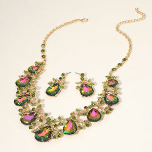 Multi-Color Teardrop Rhinestone Floral Necklace Set on Gold– Crystal Prom Evening Jewelry |  658285