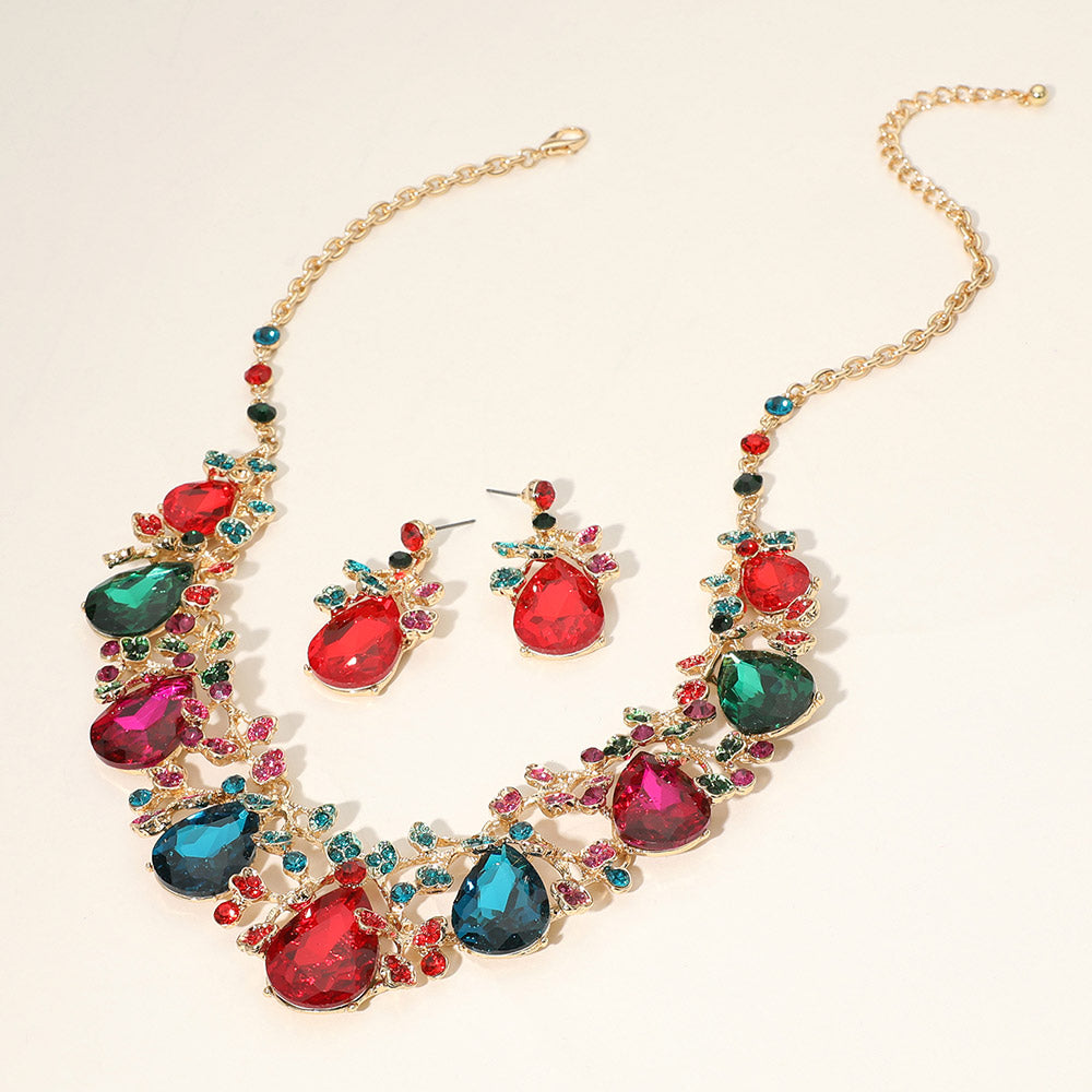 Multi-Color Teardrop Rhinestone Floral Necklace Set on Gold– Crystal Prom Evening Jewelry |  479363